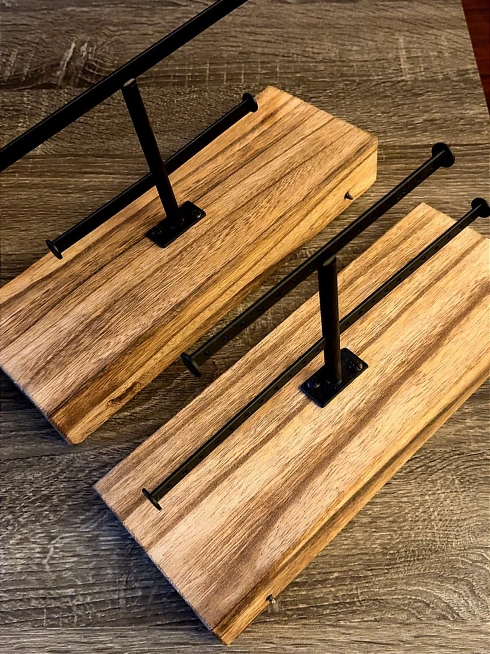 Industrial Double-Bar Jewelry Rack on Natural Wood Mount